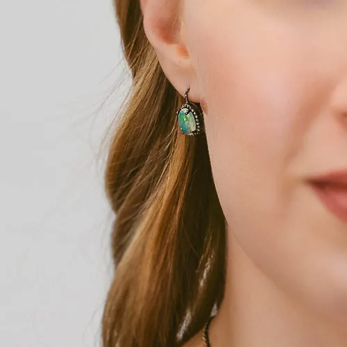 Vista 4 de Aretes ovalados con piedras preciosas de ópalo auténtico, con diamantes genuinos, idea de regalo para el día de San Valentín y Día de la Madre