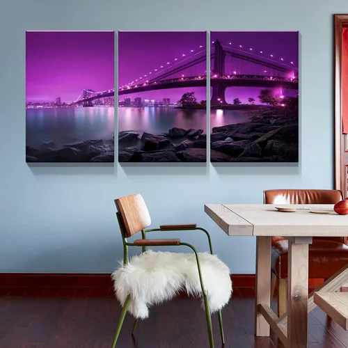 Vista 4 de Denozer - Lienzo decorativo para pared de 3 piezas - Paisaje con paisaje urbano, arte de puente, arte de pared para sala de estar, decoración