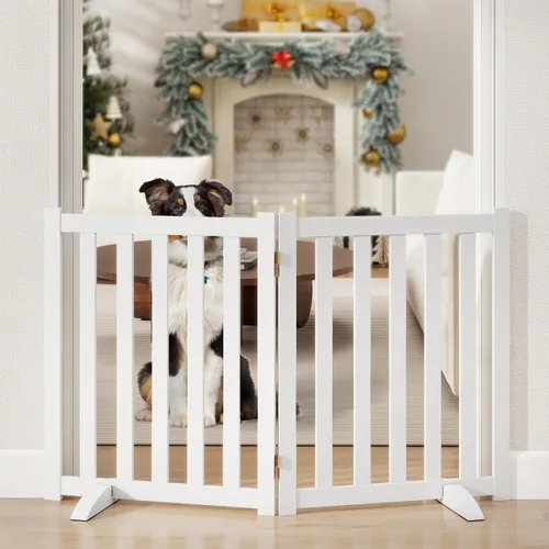 Vista 11 de Puerta independiente para mascotas de 30 pulgadas de altura, valla de seguridad plegable de madera maciza con 2 pies de soporte, ideal para Roble