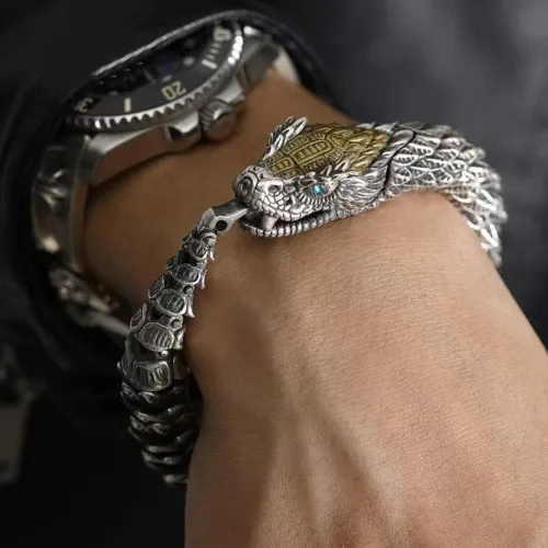 Vista 5 de Pulsera de cadena de serpiente, lujoso estilo de metal antiguo, cobre del zodiaco, serpiente del zodiaco, cierre de gancho, hip hop para hombres