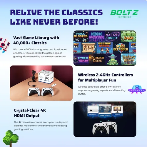 Vista 3 de Boltz Retro Stick Gaming Stick – Retro Gaming Console with 40,000+ Classic Video Games, 9 Emulators, 128GB Storage, Plug & Play 4K HDMI Output