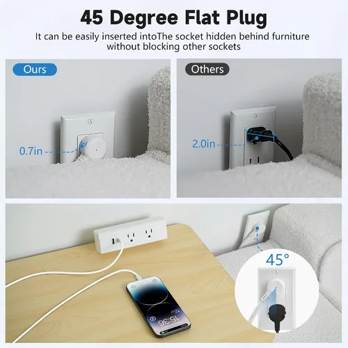Vista 5 de Regleta de alimentación de abrazadera de escritorio con cable de extensión de 10 pies, enchufe plano delgado de 3 clavijas de 45 grados, 2 salidas