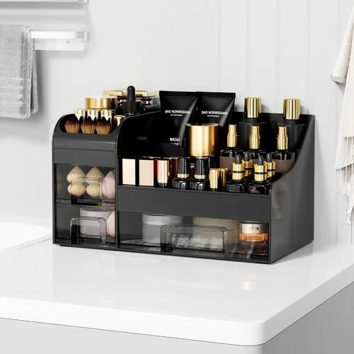 Vista 2 de Organizador de maquillaje extra grande para tocador, organizador de encimera con cajones y soporte para cepillos, organizador de colonia para hombre