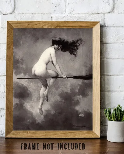 Vista 6 de Witch On Broom Departure by Albert Joseph Penot – 11 x 14 sin marco espeluznante, espeluznante, arte de pared gótico, desnudo bruto wiccan Art Print