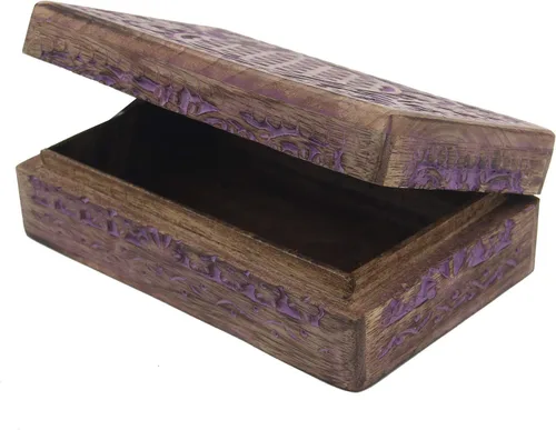 Vista 6 de DharmaObjects Caja de almacenamiento de madera tallada a mano con flores de la vida (morado, L)