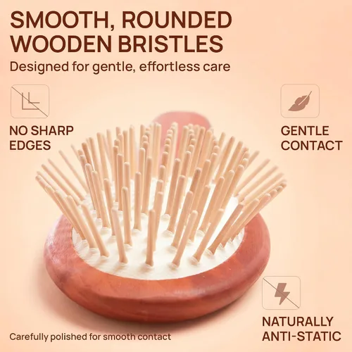 Vista 5 de Cepillo de madera natural para mujer, cepillo de cerdas de madera antiroturas con mango de madera de pera, masaje suave del cuero cabelludo