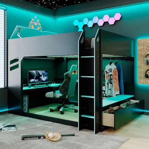 Vista 15 de KLMM Cama loft de madera creativa de tamaño individual con escritorio y estantes de almacenamiento múltiple, LED y un perchero para colgar ropa