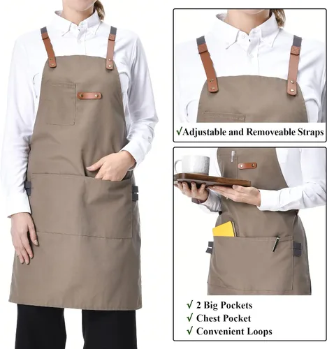 Vista 3 de Delantal de chef para hombre, delantal de lona para camarera, con bolsillos, resistente al agua, color caqui