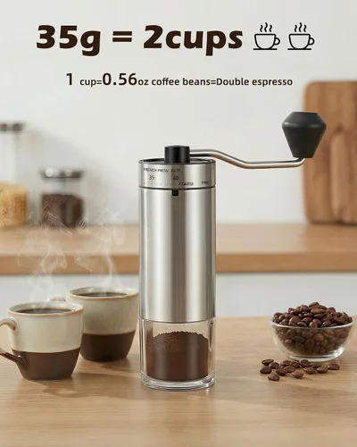 Vista 3 de Molinillo de café manual con 40 ajustes de molienda ajustables con rebabas cónicas de cerámica, molinillo de mano con manivela de mango, molinillo