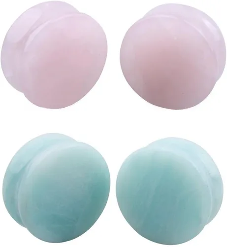 Vista 2 de NewZenro 2 pares de tapones para los oídos de cuarzo rosa aventurina de piedra natural orgánica, dilatadores de túnel de doble acampanado