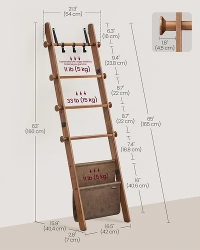Vista 3 de VASAGLE - Escalera para manta, estante de escalera de madera de pino de 5 niveles con bolsa de piel sintética
