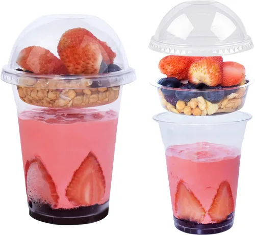 Vista 10 de Vasos de plástico transparente de 12 onzas con tapas de cúpula, tazas de postre con tapas (25 juegos), vasos desechables para fiestas de PET