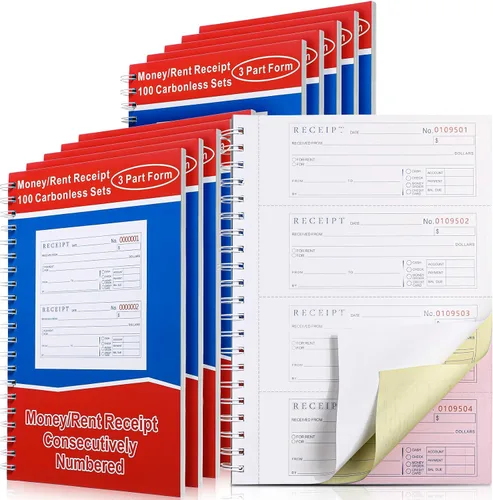 Vista 8 de Crtiin 10 piezas de 3 partes autocopiadoras de dinero y alquiler libro de recibos con copias al carbono, encuadernado en espiral, 100 juegos por