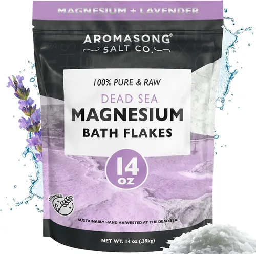 Vista 9 de Aromasong Copos de baño de magnesio RAW con lavanda 100% natural, 14 onzas. Sales orgánicas relajantes musculares Mg cloruro, sal mineral remojada.