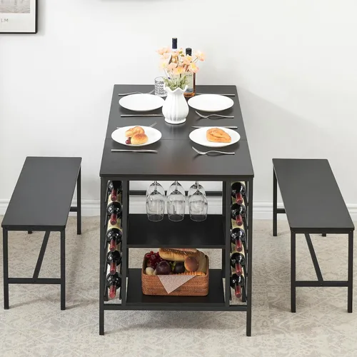 Vista 3 de IDEALHOUSE Juego de mesa de comedor para 4, juego de mesa de cocina para 4 con 2 bancos, juego de mesa de comedor rectangular con estante para Negro