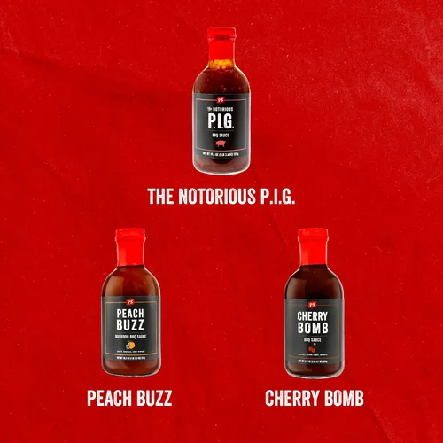 Vista 5 de PS Seasoning Salsa barbacoa picante dulce paquete de 3 – Peach Buzz, Cherry Bomb, y Notorious PIG Gourmet Barbecue Sauce Set para asar a