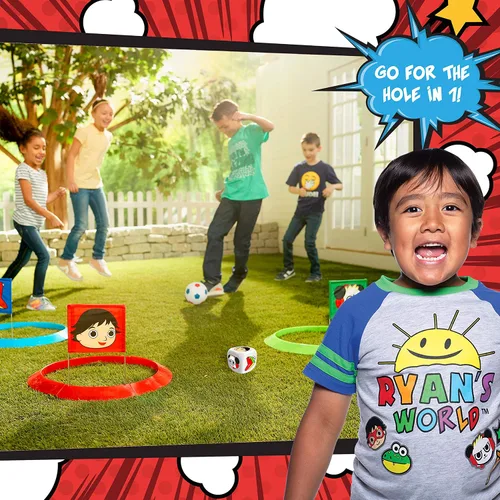 Vista 7 de Franklin Sports Ryan's World - Juego de golf de fútbol infantil con 1 pelota de fútbol y 3 objetivos con banderas, objetivos de 20 pulgadas