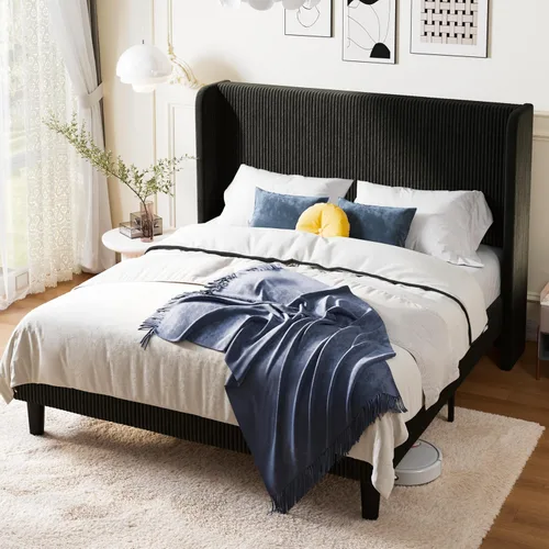 Vista 11 de Allewie Marco de cama tamaño completo con cabecera tapizada tipo wingback, cama plataforma de terciopelo de pana con capitoné de canales verticales