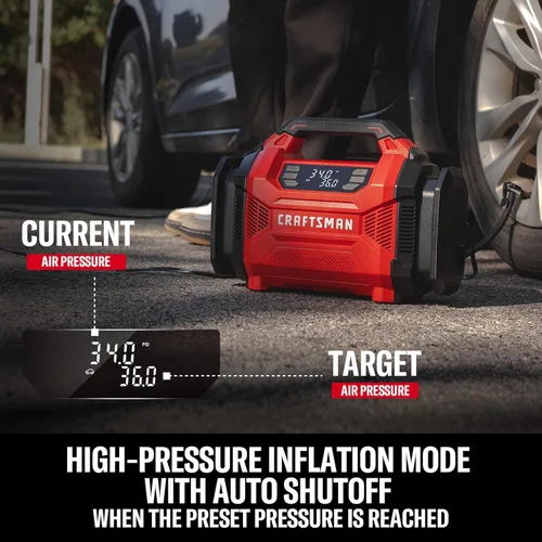 Vista 3 de CRAFTSMAN Inflador de neumáticos de doble potencia con indicador digital y apagado automático 12V DC Car Plug and 120V AC Home Use with Up to 150