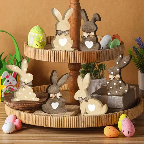 Vista 6 de Thinkday 6 letreros de madera de conejo de Pascua, decoración de mesa con forma de conejo, con cuerda de yute y cola de bola de pelo, decoraciones