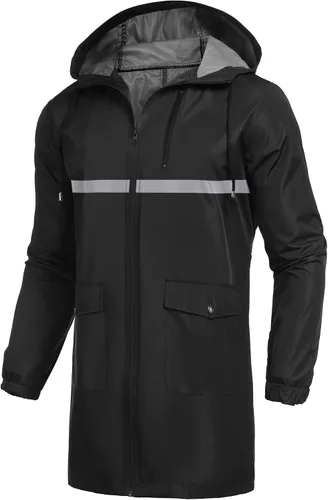 Vista 11 de COOFANDY Chubasquero largo para hombre ligero, chaqueta impermeable para lluvia, chaquetas impermeables para exteriores con capucha Negro