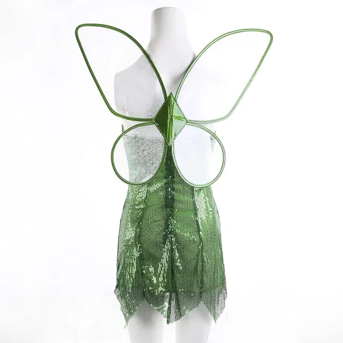 Vista 4 de SOLILOQUY Disfraz de hada Pixie para mujer, bonito vestido verde con ala, disfraz de Halloween, fiesta de cosplay