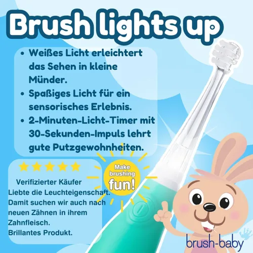 Vista 6 de brush-baby Cepillo de dientes eléctrico BabySonic para bebés y niños pequeños de 0 a 3 años - Temporizador LED inteligente y vibración suave