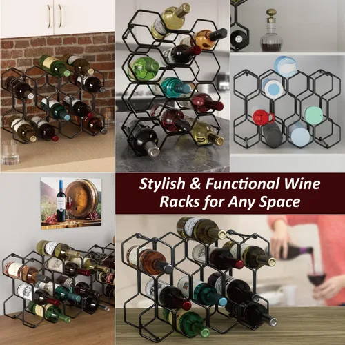 Vista 2 de Buruis Estante de vino para encimera, soporte de vino de metal para 14 Negro
