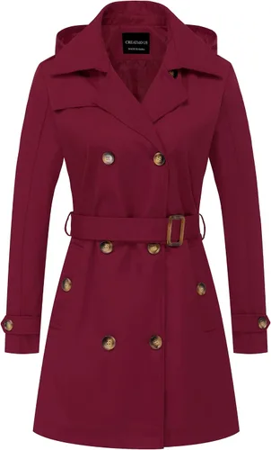 Vista 28 de CREATMO US Gabardina para mujer con doble botonadura clásica con solapa, con cinturón y capucha desmontable Albaricoque