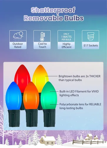 Vista 9 de Luces LED vintage C9 de Navidad para exteriores, luces de cadena C9 de 150 pies con 75 bombillas C9 irrompibles, luces comerciales impermeables