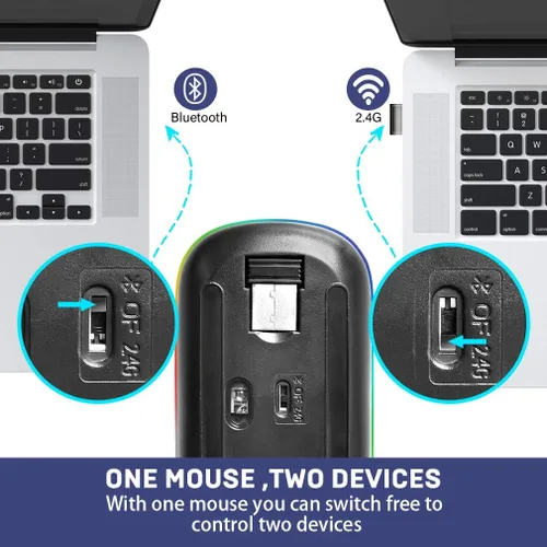 Vista 2 de COO Ratón inalámbrico, LED delgado modo dual (Bluetooth 5.1 y 2.4G inalámbrico) Ratón LED recargable con 3 DPI ajustables para iPad, MacBook