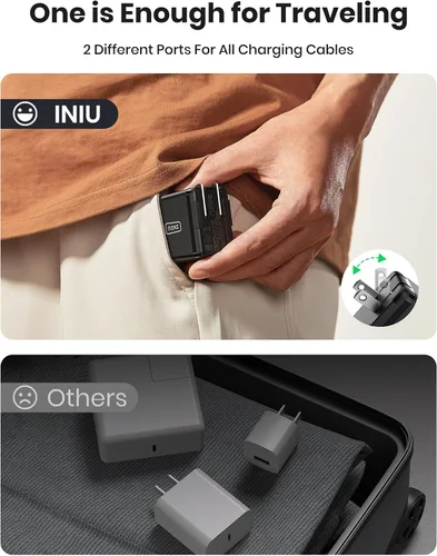 Vista 12 de Cargador USB C, INIU de 2 puertos y 45 W, cargador súper rápido tipo C, mini cargador de pared PD PPS USB C plegable de GaN Tech para Samsung Galaxy
