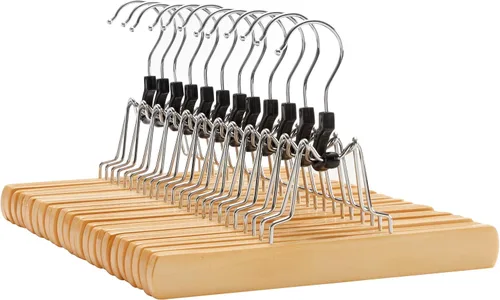 Vista 10 de SONGMICS Perchas de Madera para Pantalones, Paquete de 8 Perchas para Pantalones con Clips de Metal Ajustables Antioxidantes, Gancho Giratorio