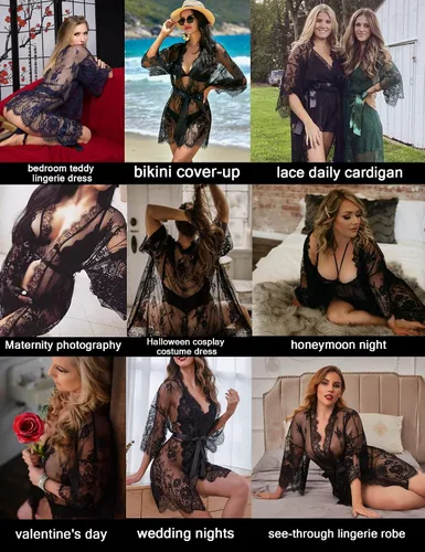 Vista 6 de Avidlove - Kimono de encaje para mujer, bata babydoll, camisón de malla para lencería de talla S-5XL