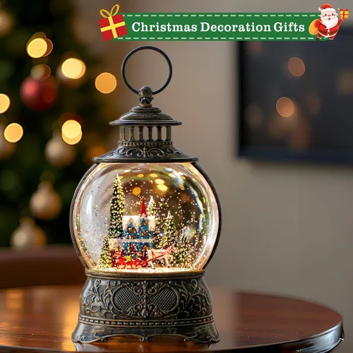 Vista 4 de Globos de Nieve de Navidad, Farol de Agua de Navidad con Carruaje e Iglesia Azul, Música y Temporizador de 6 Horas, Faroles Iluminados con Cable