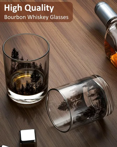 Vista 6 de TOOWELL Juego de 2 vasos de whisky, regalos de jubilación para hombres y mujeres, 11 onzas, vidrio de bourbon antiguo hecho a mano, regalos