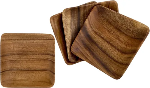 Vista 6 de Platos cuadrados de madera de acacia, 6 pulgadas, postre, aperitivos y pan