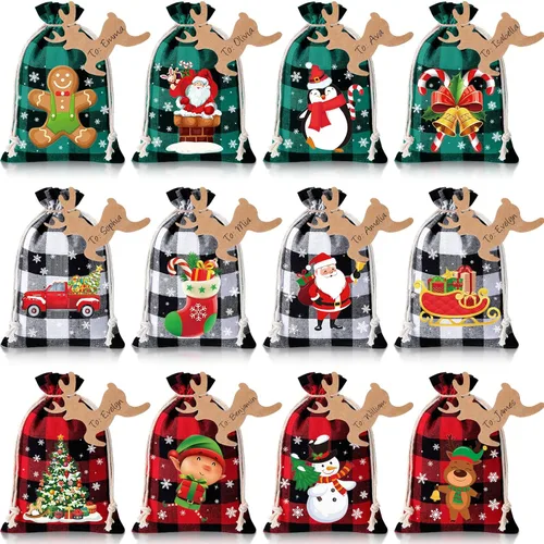 Vista 8 de Shappy 48 bolsas de Navidad con cordón, bolsas de arpillera a cuadros Buffalo de Navidad, bolsas de lino para golosinas, sacos para regalos