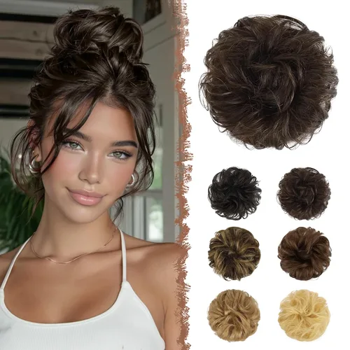 Vista 21 de FESHFEN - Extensiones de moño desordenado humano 100% cabello real, piezas de cabello rizado, extensiones de cola de caballo, cabello ondulado