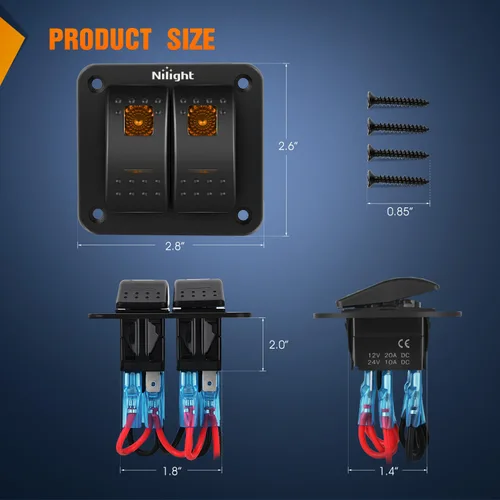 Vista 2 de Nilight Panel de Interruptores Basculantes de 2 Posiciones con Luz LED Naranja, 5 Pines On/Off, Interruptores Basculantes de Aluminio Precableados