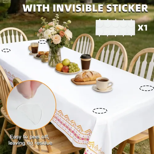 Vista 5 de Paquete de 2 manteles de plástico blanco, 108 x 54 pulgadas, manteles rectangulares desechables bohemios para bodas, pícnics y fiestas