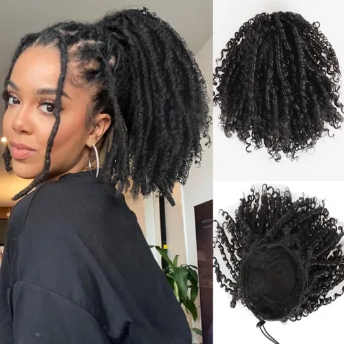 Vista 4 de Extensiones de cola de caballo de rastas para mujer, cola de caballo con cordón negro con extremos rizados, rastas sintéticas de diosa, extensiones