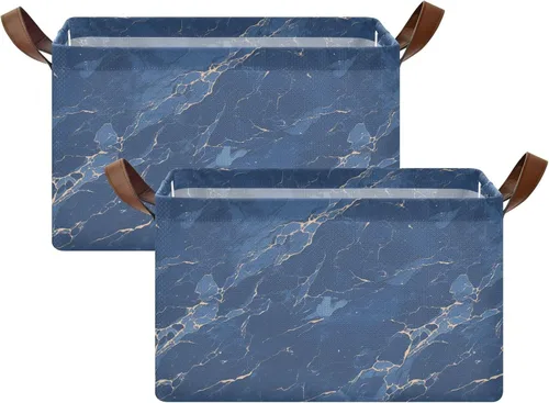 Vista 2 de Cestas de almacenamiento plegables decorativas de mármol azul oscuro de dibujos animados, organizador de almacenamiento con asas, estantes, armario