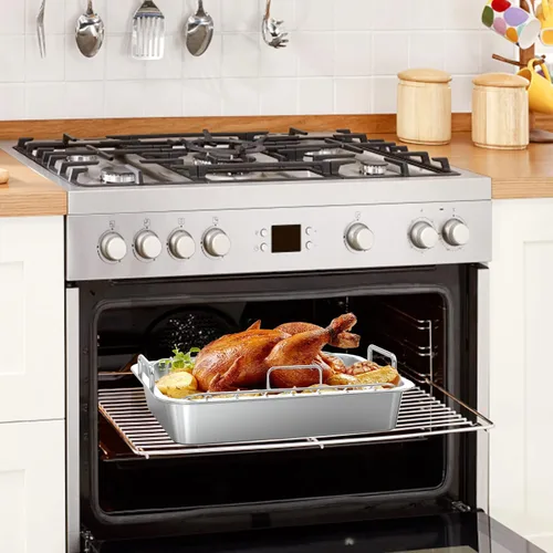 Vista 5 de Onlyfire Sartén para asar con estante en U – Asador de acero inoxidable para hornear, sartén rectangular de lasaña de pavo de 16 pulgadas para asar