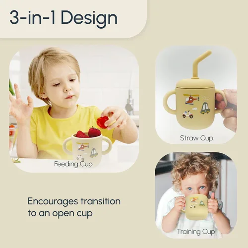 Vista 3 de Vaso de silicona para niños de 6 meses y niños pequeños, lindo vaso para beber con popote para el primer entrenamiento, botella de agua para bebé