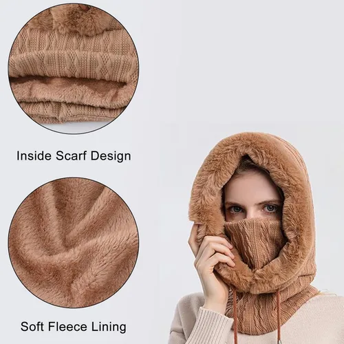 Vista 7 de Gorro de vellón para mujer de una pieza con capucha pasamontañas cálido invierno resistente al viento con cordón