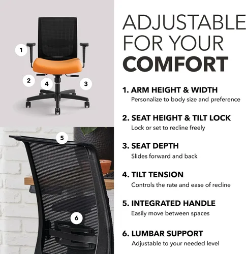 Vista 3 de HON Convergence - Silla de oficina ergonómica con respaldo de malla, brazos ajustables, soporte lumbar, silla de escritorio con inclinación