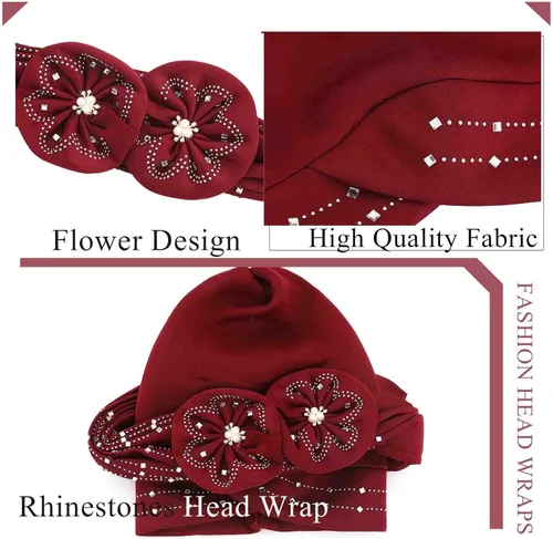 Vista 5 de Woeoe Gorro para la cabeza con diamantes de imitación negros, bufanda para la cabeza con perlas de flores, turbante para mujeres y niñas, Color-1