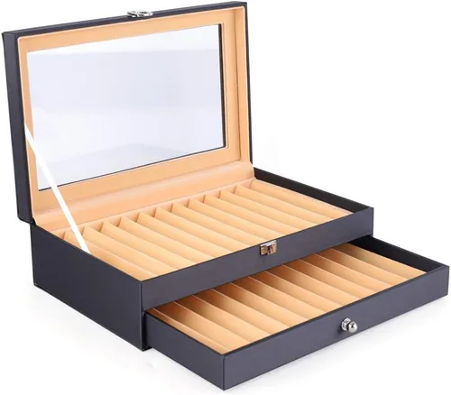 Vista 9 de Caja de exhibición de 24 plumas estilográficas, caja organizadora de bolígrafos de franela de cuero, caja de almacenamiento de cristal con tapa, 12