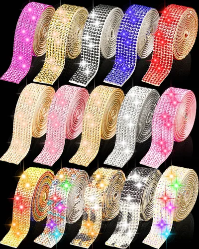 Vista 9 de Meanplan 15 rollos de tiras de cinta autoadhesivas con diamantes de imitación de cristal, brillantes, brillantes, colores mezclados, rollo de cinta